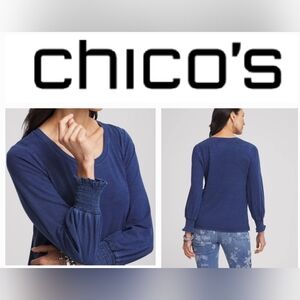 CHICO'S Soft Faux Denim Smocked Sleeve V-neck Top Sz 4 US/XXL NWT